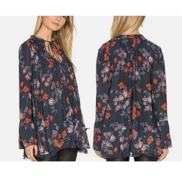 Free People Pebble Crepe So Fine Smocked Tunic Top Floral Gray Frayed Hem Small - Picture 1 of 15